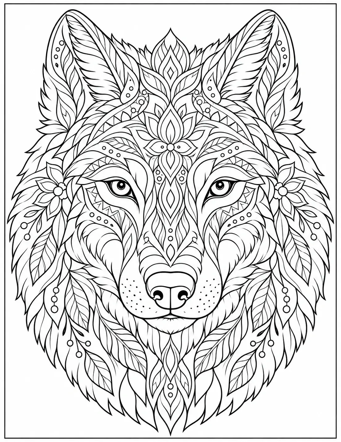 Symmetrical mandala wolf face with leaf and floral patterns coloring page