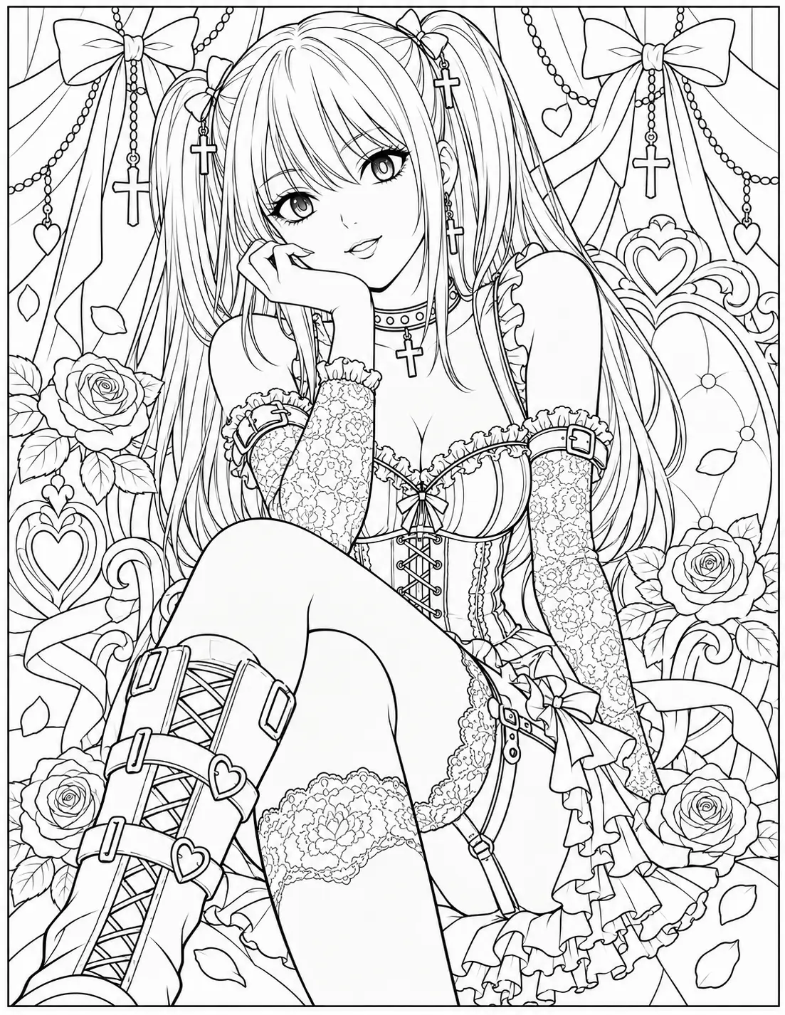 Misa Amane gothic portrait with detailed outfit coloring page