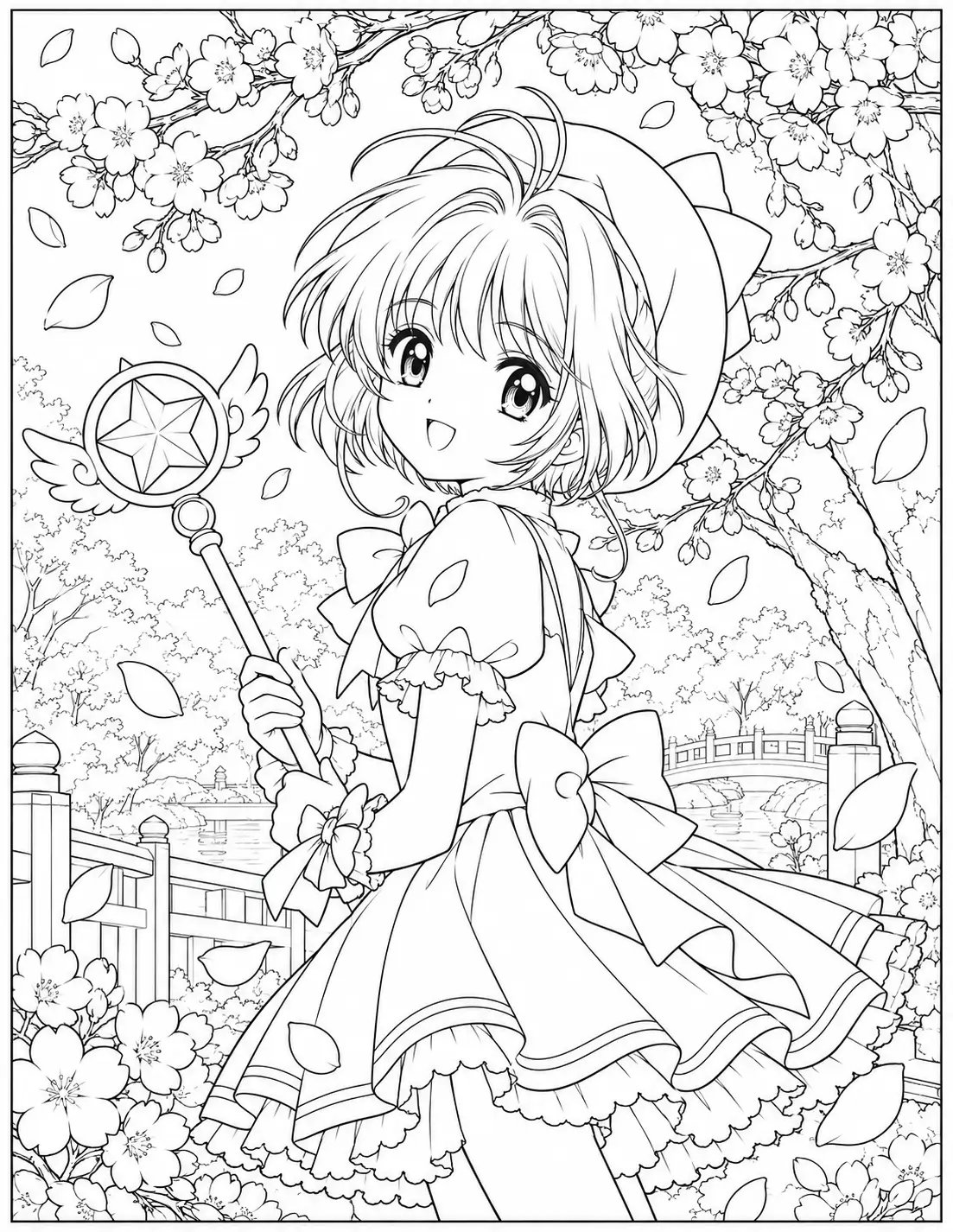 Sakura standing in a garden filled with cherry blossoms and falling petals