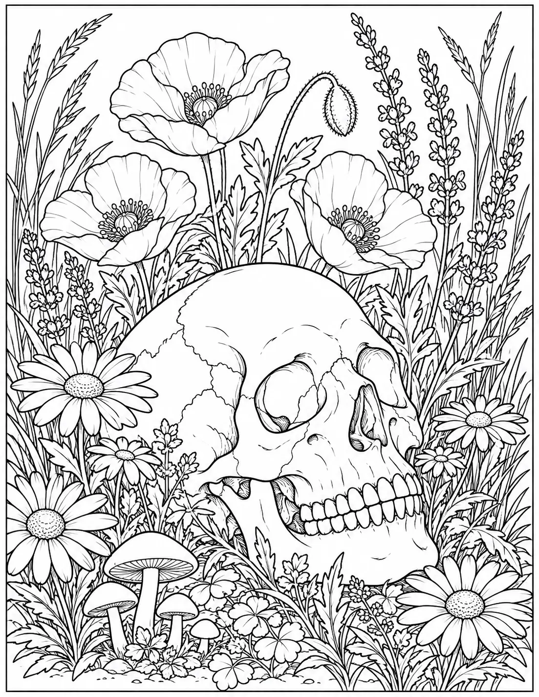 Skull in wildflowers coloring page for adults