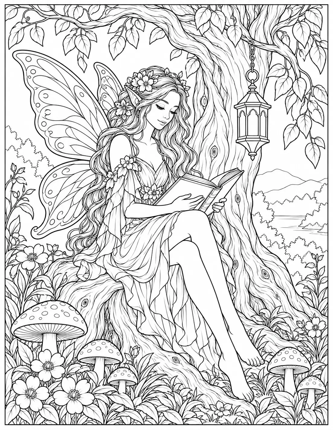 Fairy Reading Under an Ancient Tree coloring page for adults