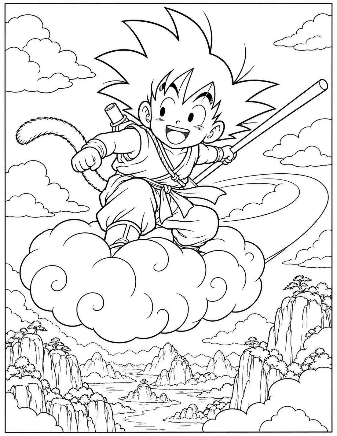 Young Goku riding Flying Nimbus with his Power Pole coloring page