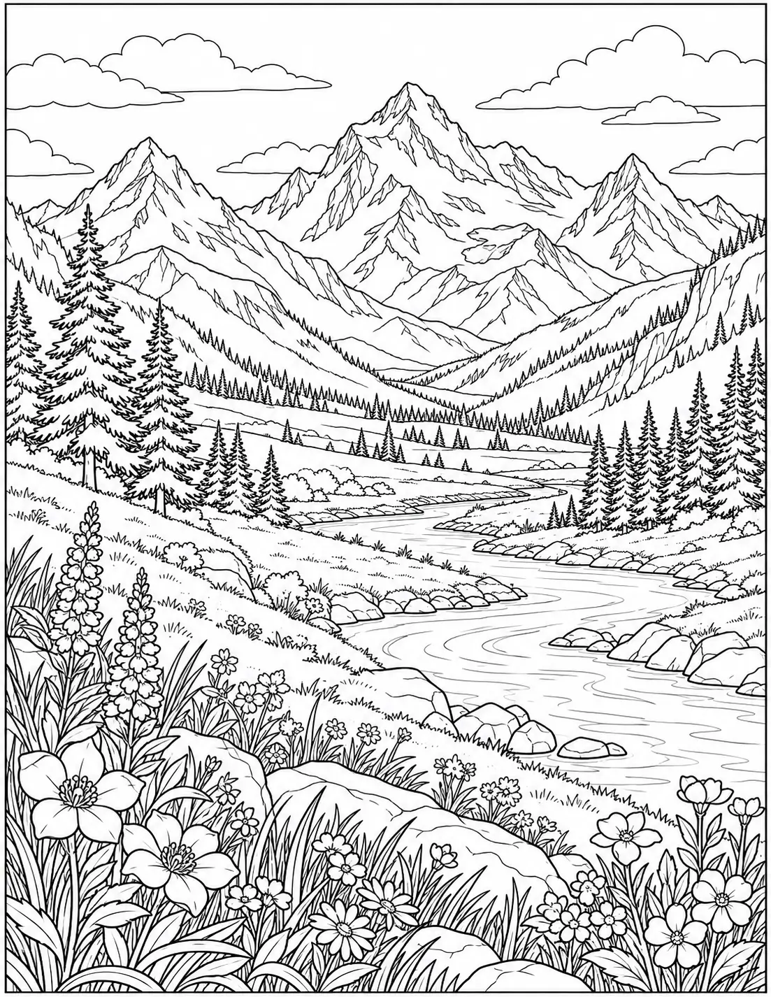 Alpine valley landscape coloring page