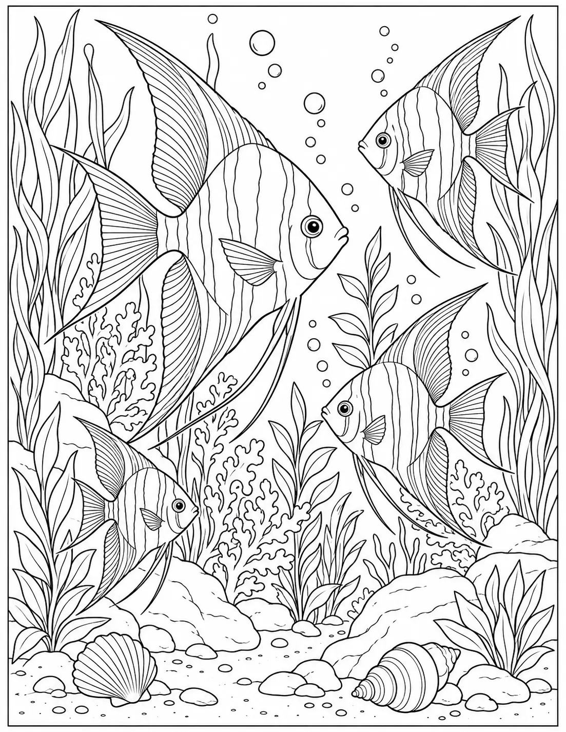 Angelfish in an underwater garden coloring page for adults