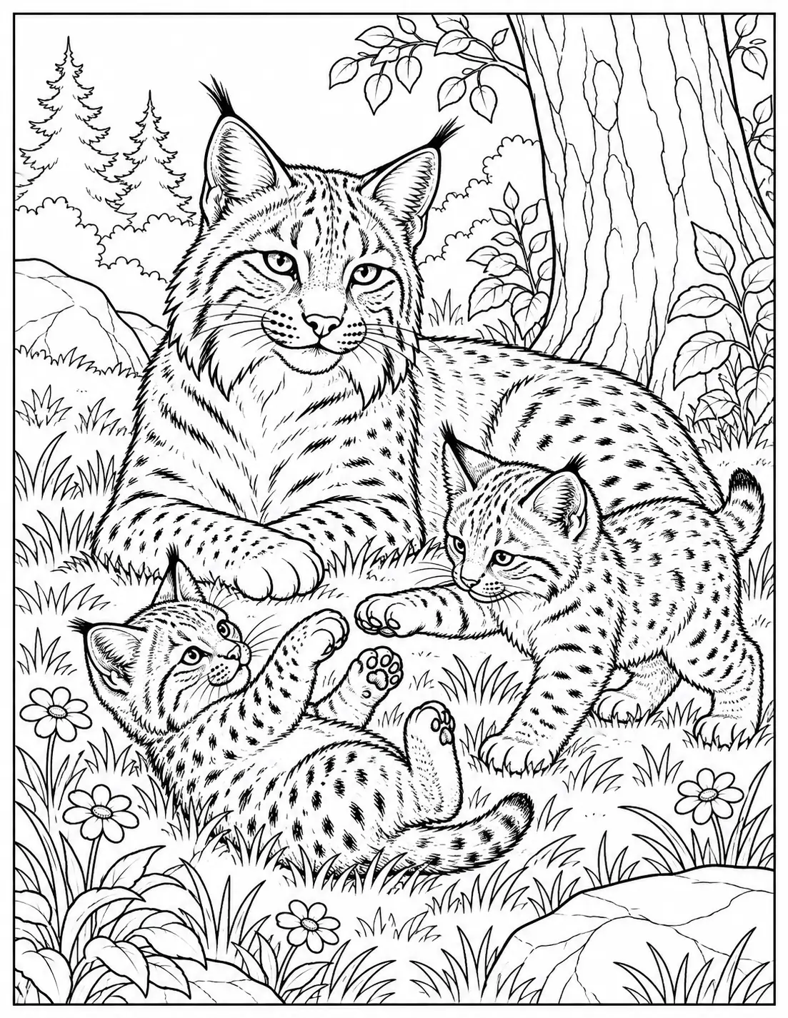 Mother bobcat with two kittens in a woodland setting coloring page