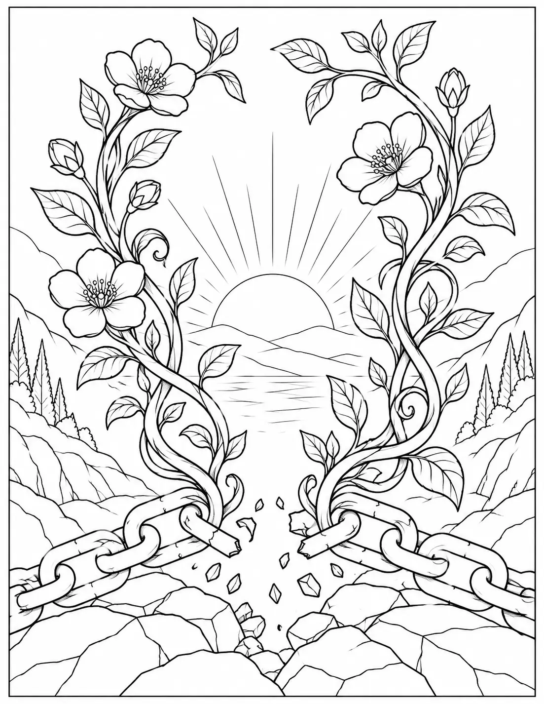 Broken chains with flowers and new growth recovery coloring page