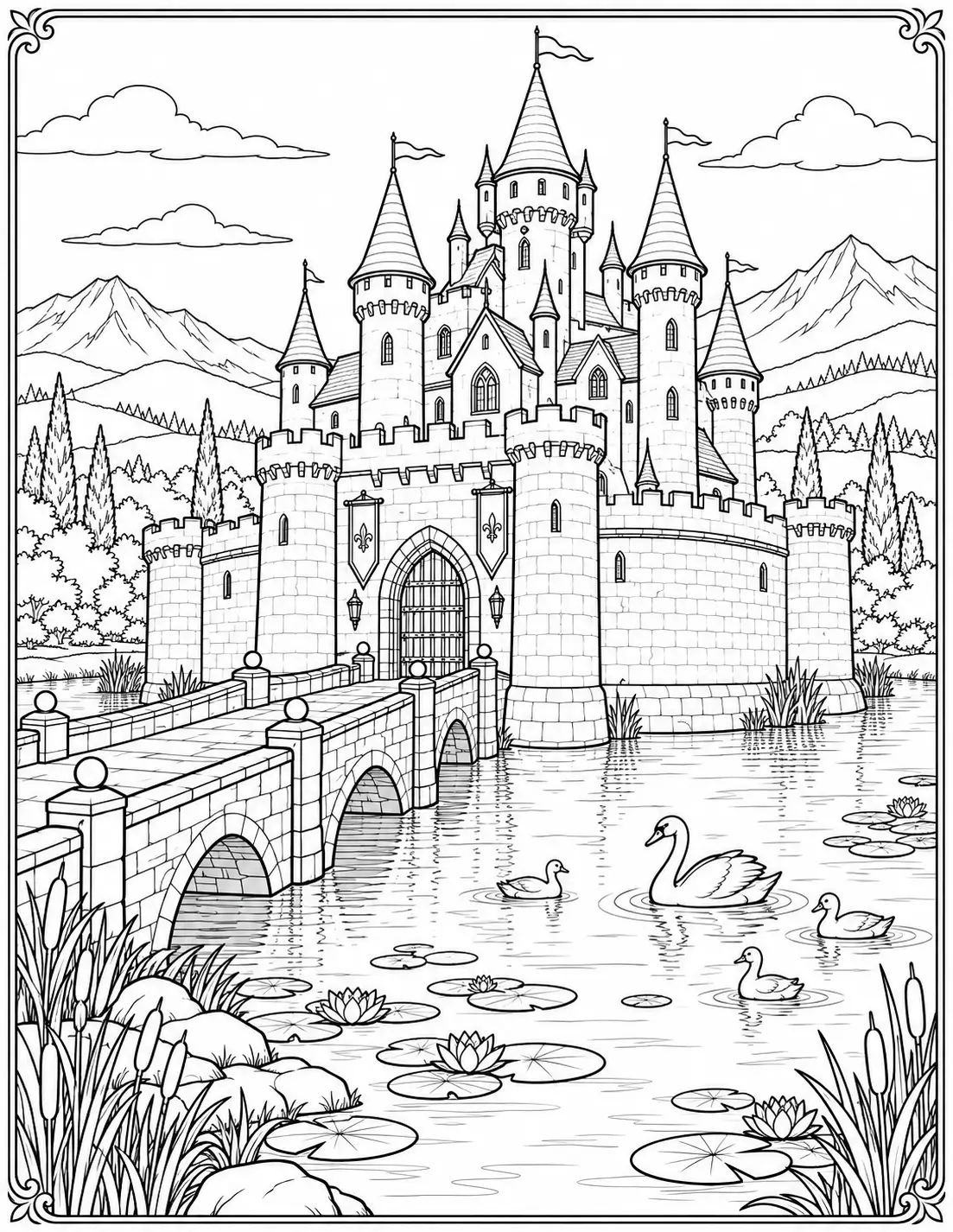 Castle with a moat, stone bridge, swans and lily pads coloring page