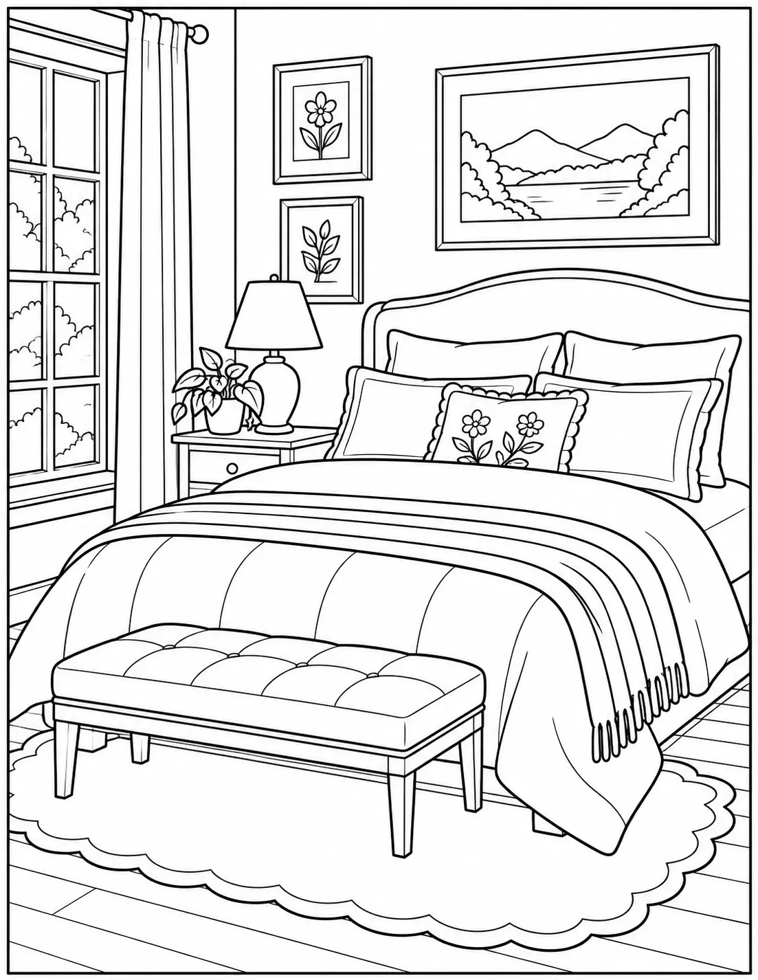 Cozy bedroom coloring page for adults with a bed, pillows, lamp, window, and bench