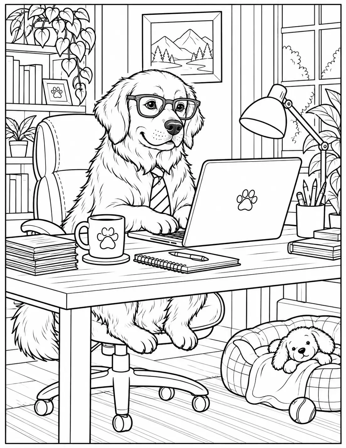 Funny adult coloring page of a dog wearing glasses while working from home