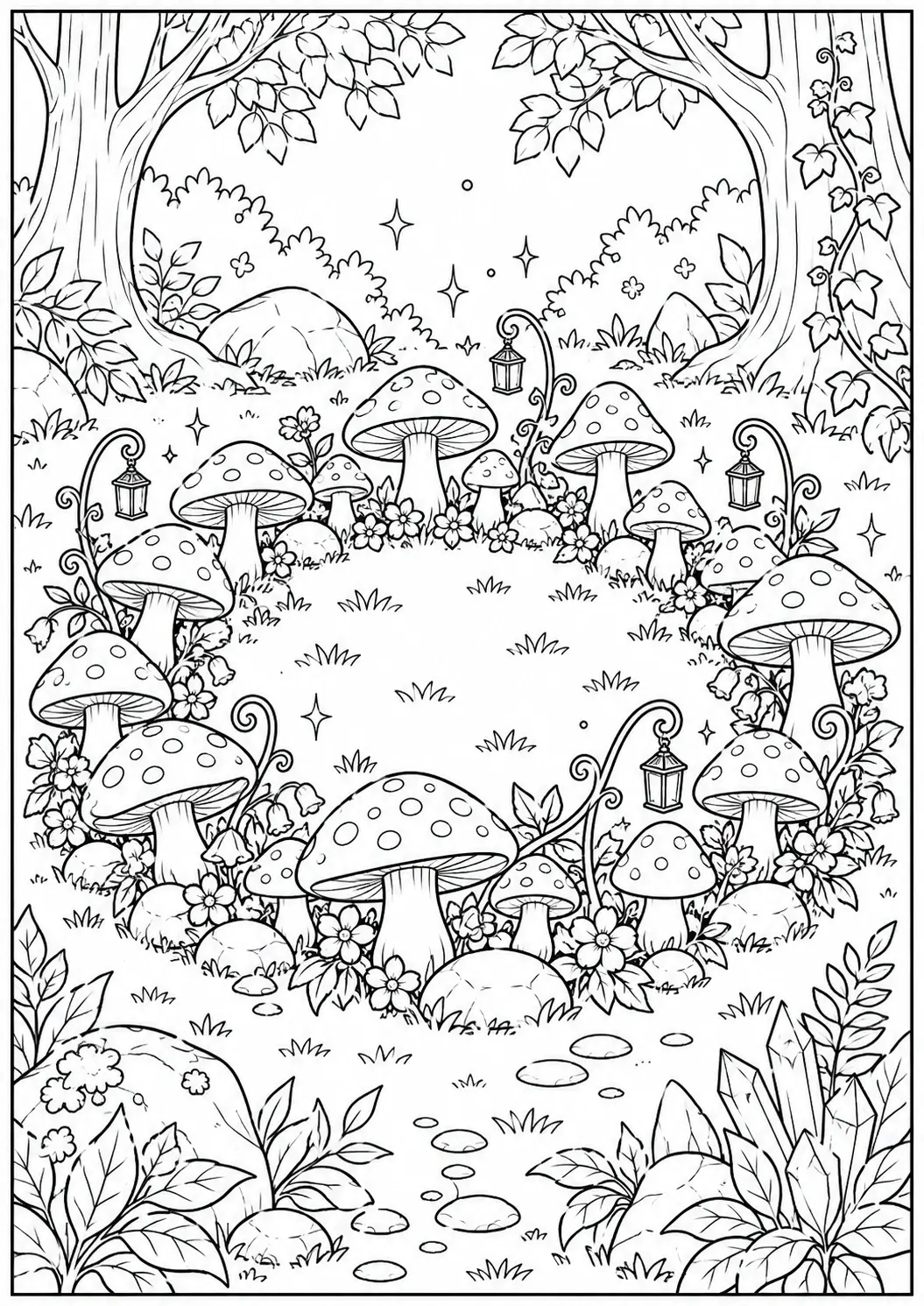Mushroom fairy ring coloring page in an enchanted forest clearing