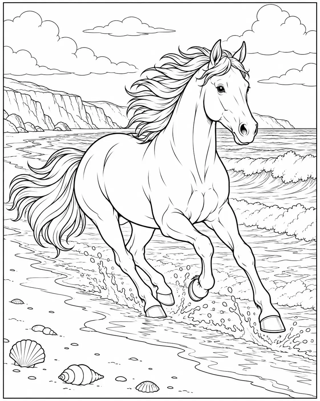 Horse running along the beach beside ocean waves coloring page