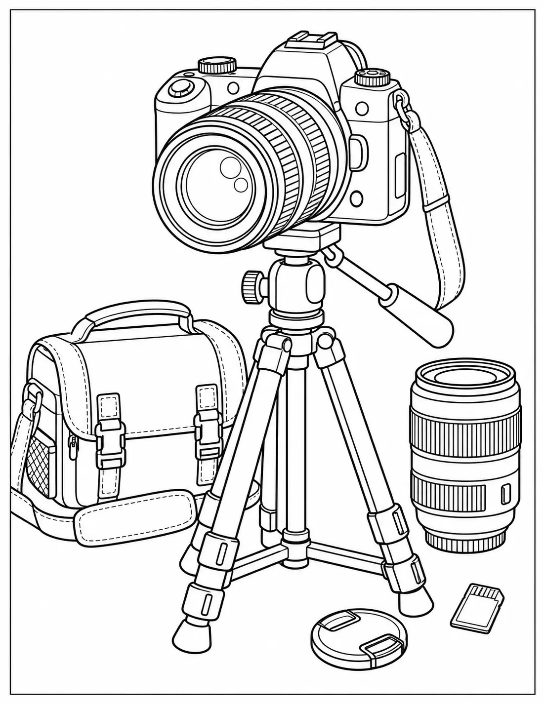 Professional DSLR camera setup coloring page with tripod, camera bag, spare lens, lens cap, and memory card
