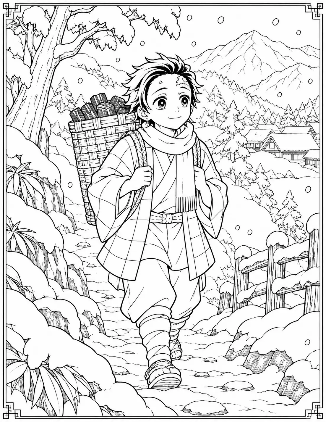 Young Tanjiro Kamado walking through snowy mountains coloring page