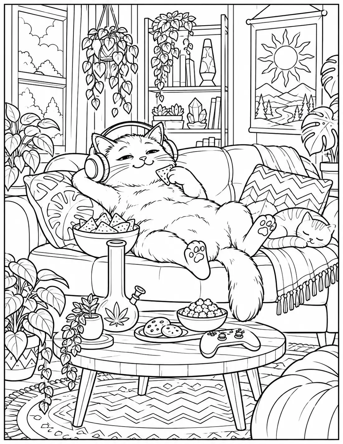 Relaxed cat on a couch with snacks stoner coloring page