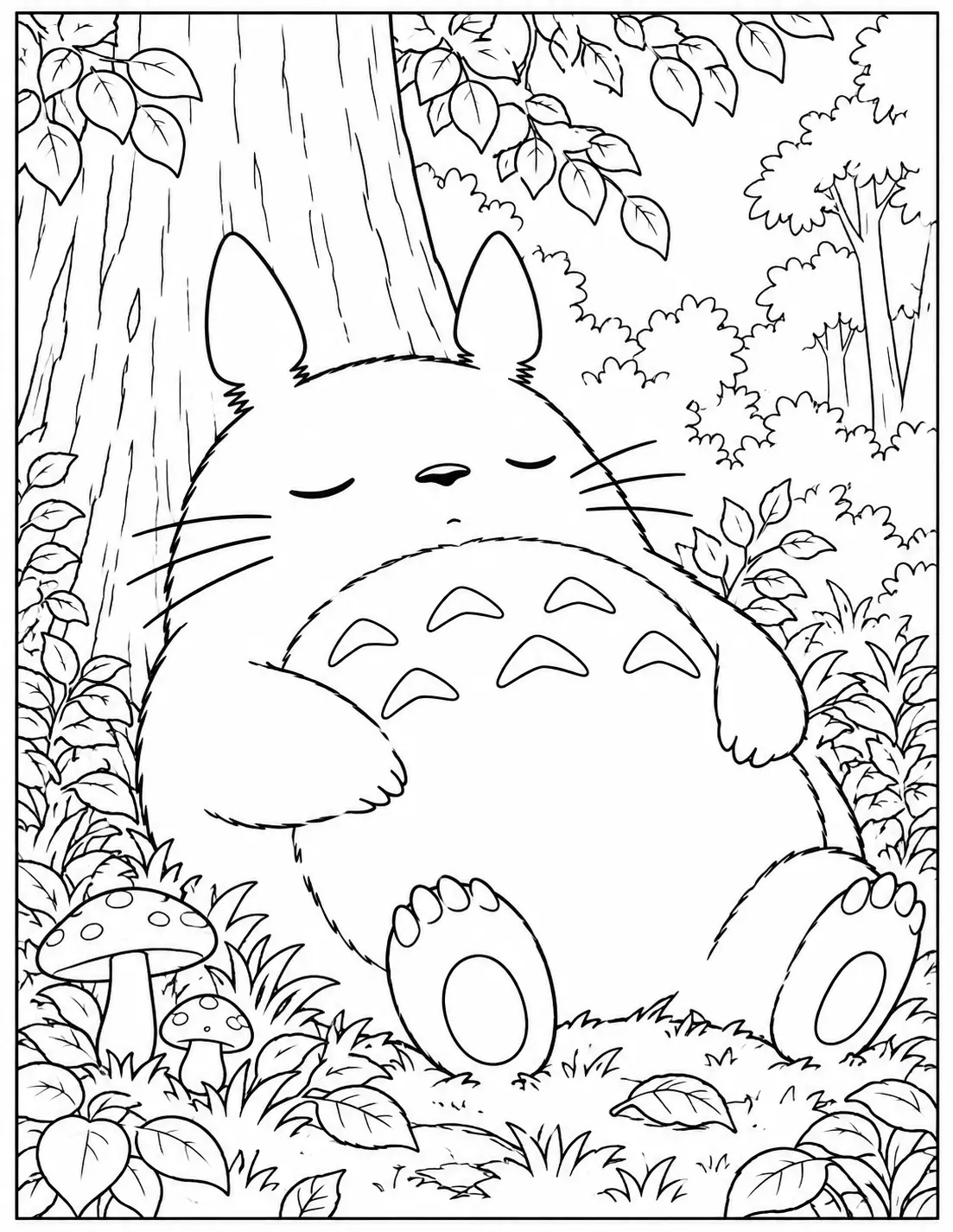 Sleeping Totoro resting on the forest floor coloring page