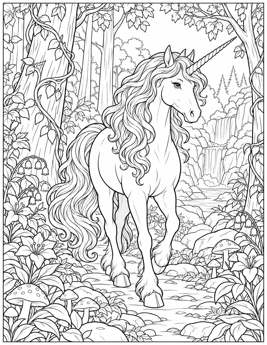 Unicorn walking through an enchanted forest coloring page for adults