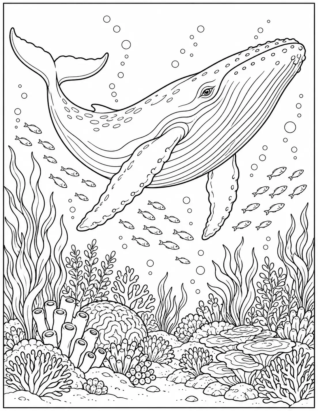 Whale swimming above a coral reef coloring page
