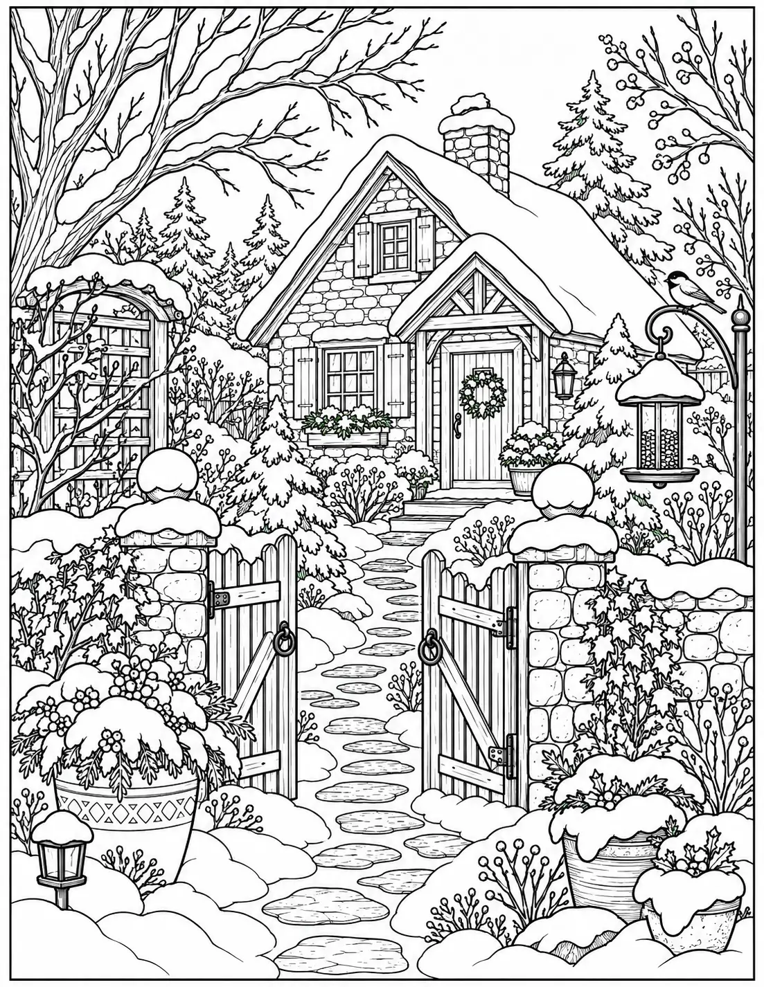 Winter cottage garden with gate and snow-covered plants coloring page for adults