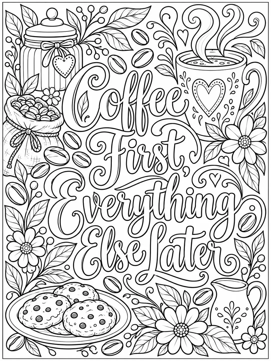 Coffee First Everything Else Later quote coloring page with a mug, coffee beans, and cookies