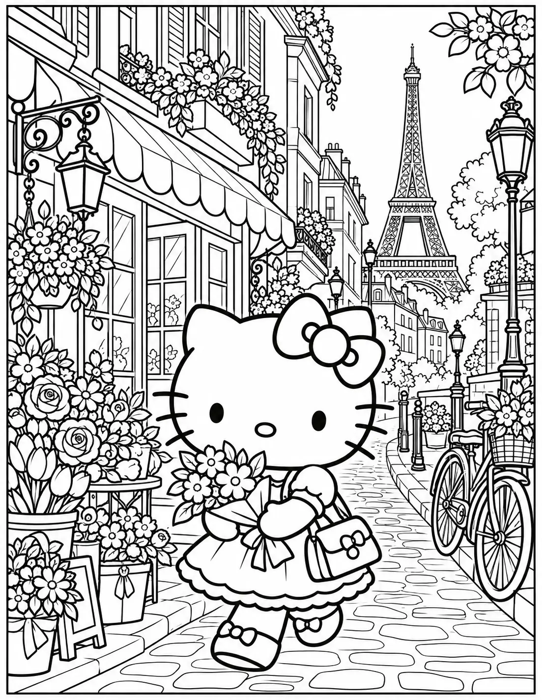 Hello Kitty on a Paris street coloring page for adults
