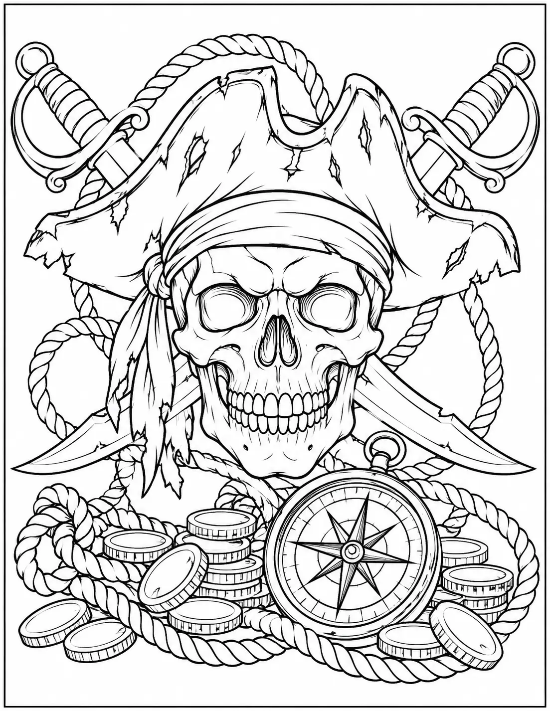 Pirate skull coloring page with nautical details for adults