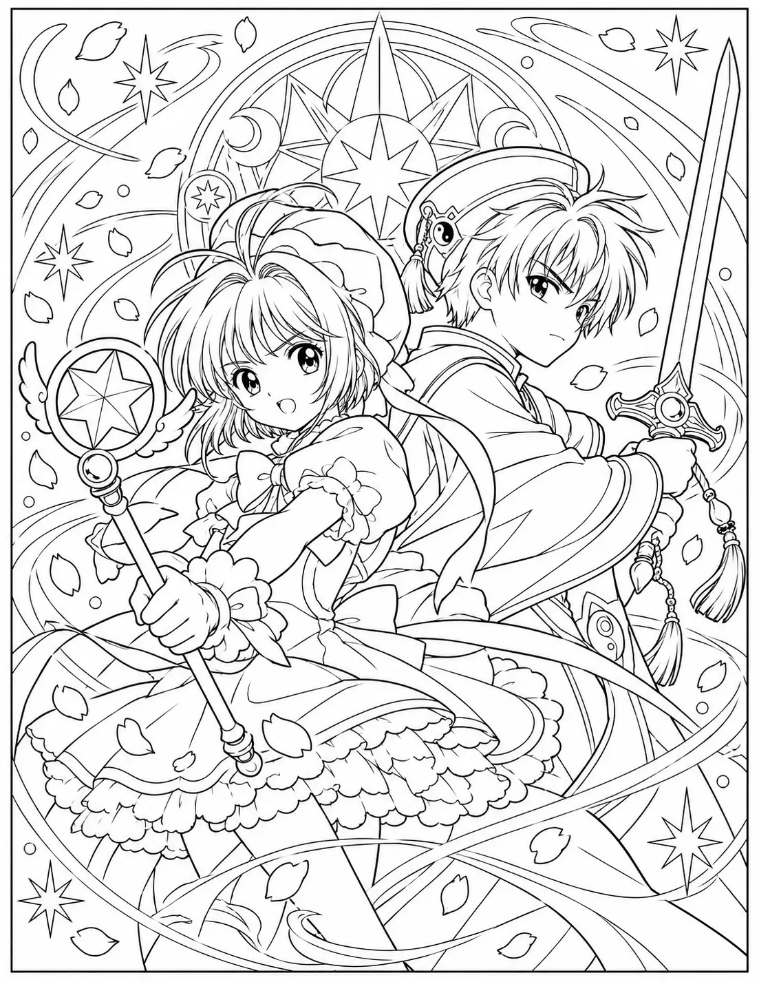 Sakura and Syaoran posing together with wand and sword