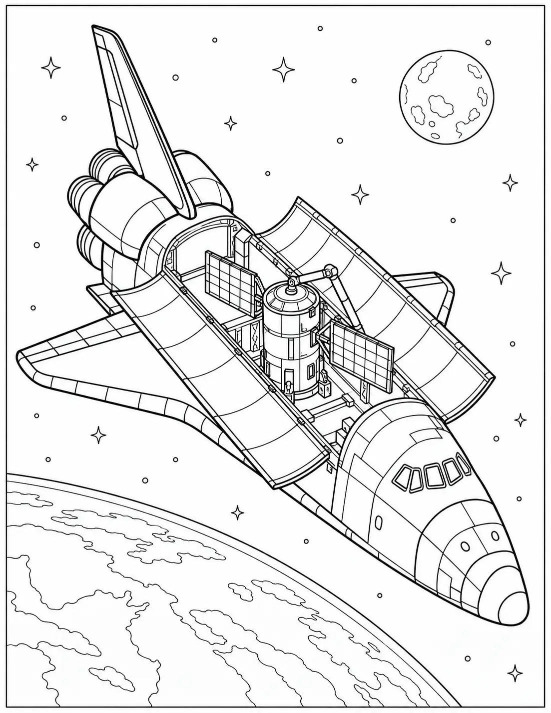 Space shuttle with open cargo bay in orbit coloring page