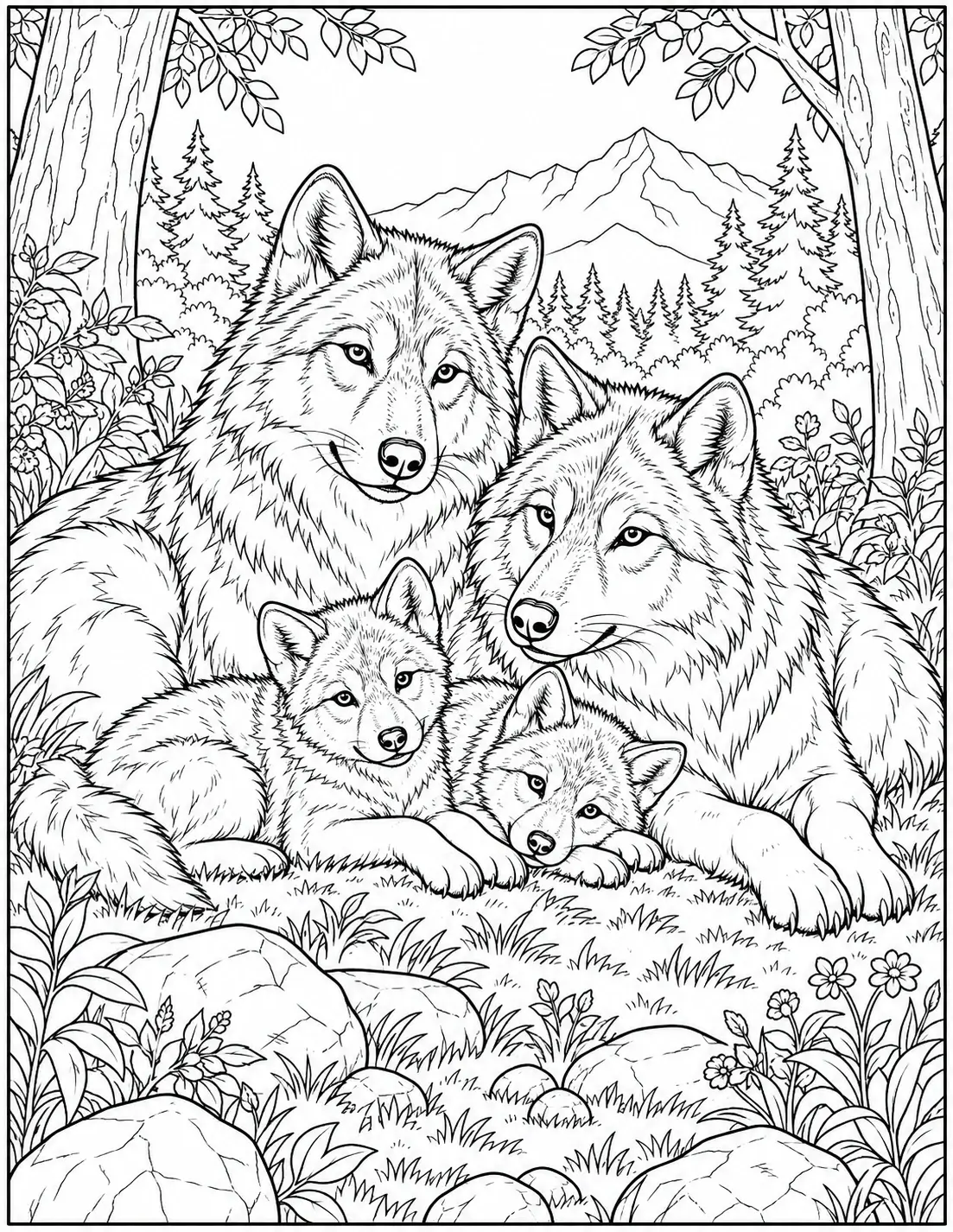 Wolf family with two adult wolves and two pups in a forest clearing coloring page