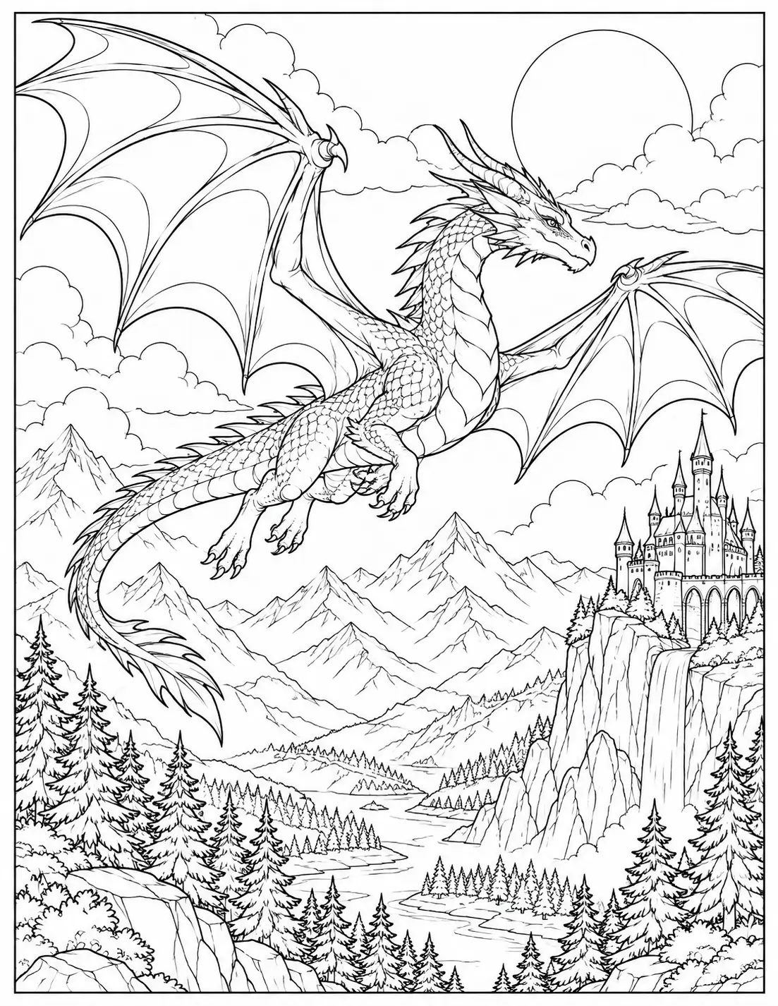 Dragon Flying Over the Mountains coloring page for adults