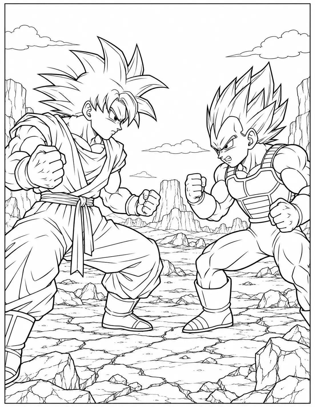 Goku facing Vegeta on a rocky battlefield coloring page
