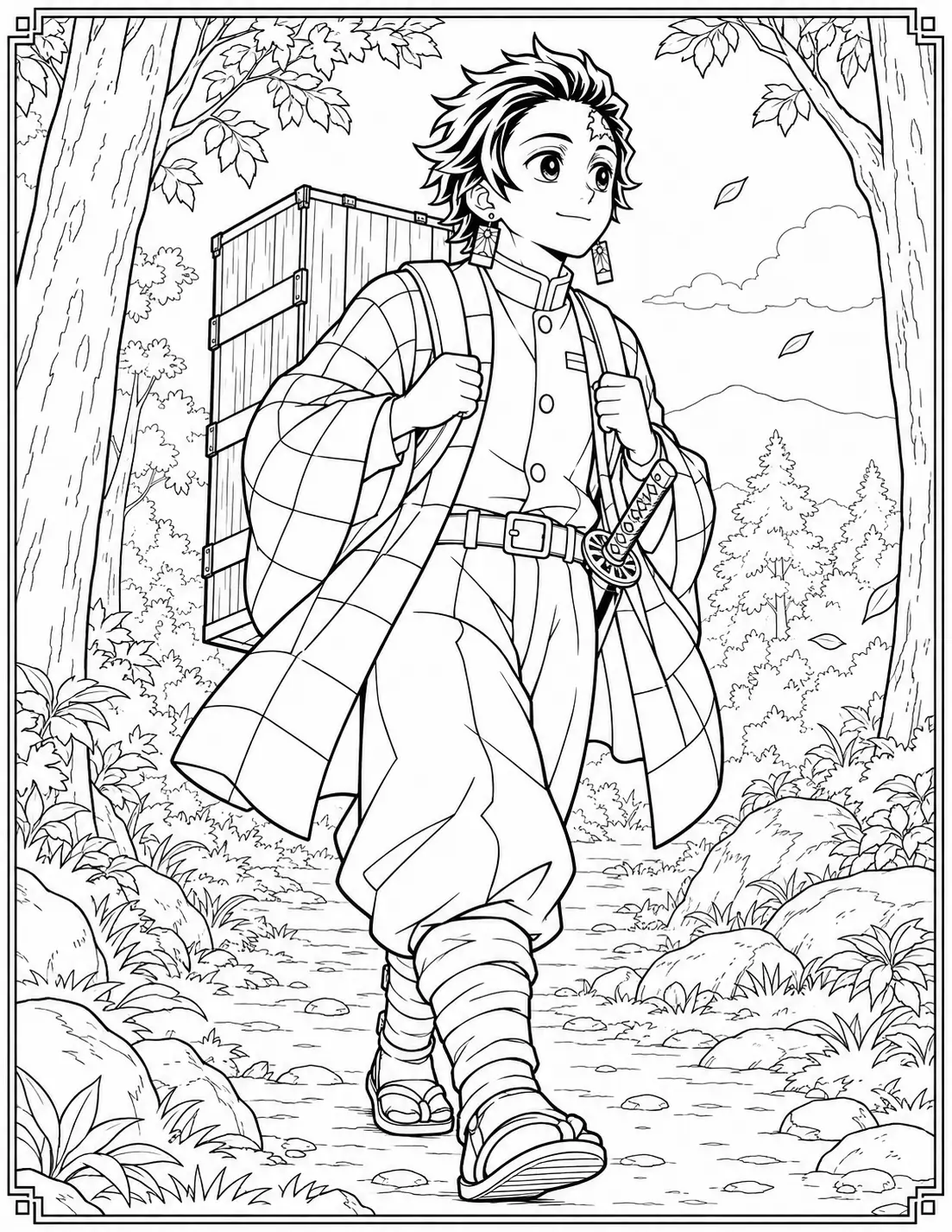 Tanjiro Kamado carrying Nezuko's box on a forest path coloring page