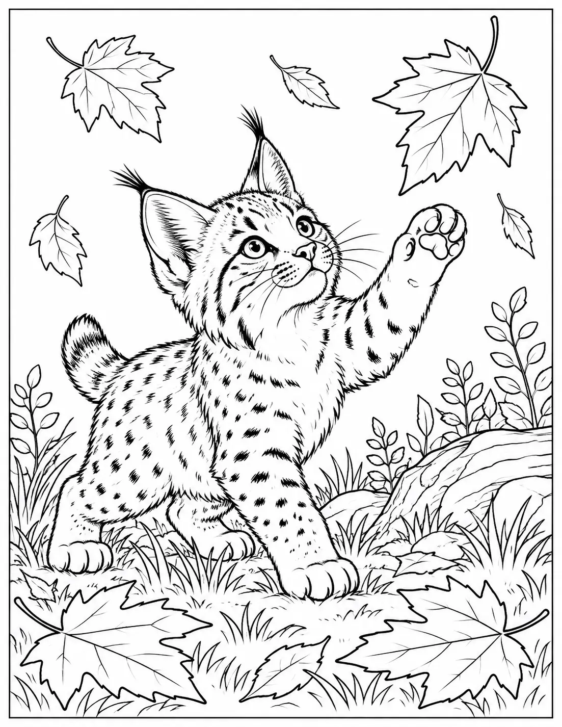 Bobcat kitten playing with falling leaves coloring page