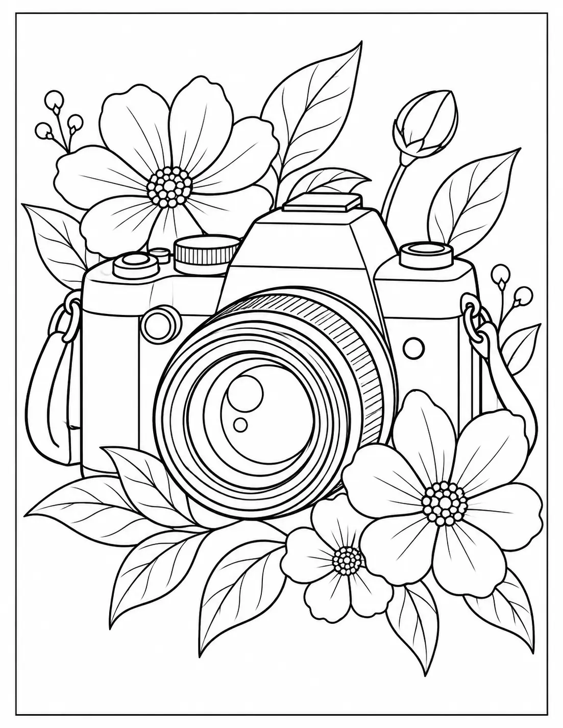Camera and flowers coloring page with DSLR surrounded by blossoms and leaves