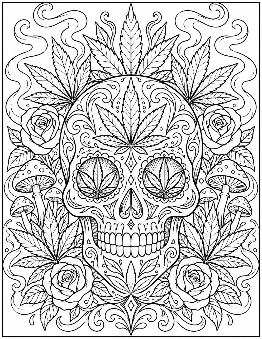 Decorative cannabis skull with roses and mushrooms coloring page