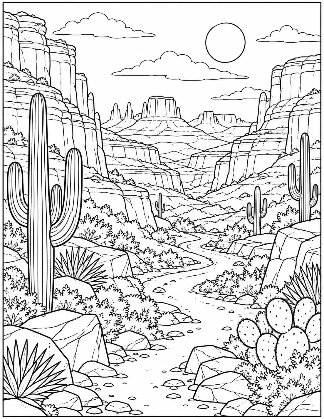 Desert canyon landscape coloring page