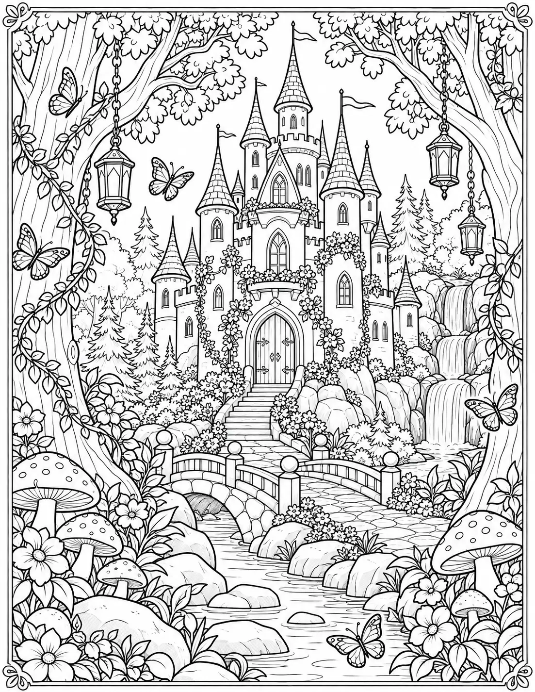 Enchanted forest castle with trees, flowers, mushrooms, butterflies and waterfall coloring page
