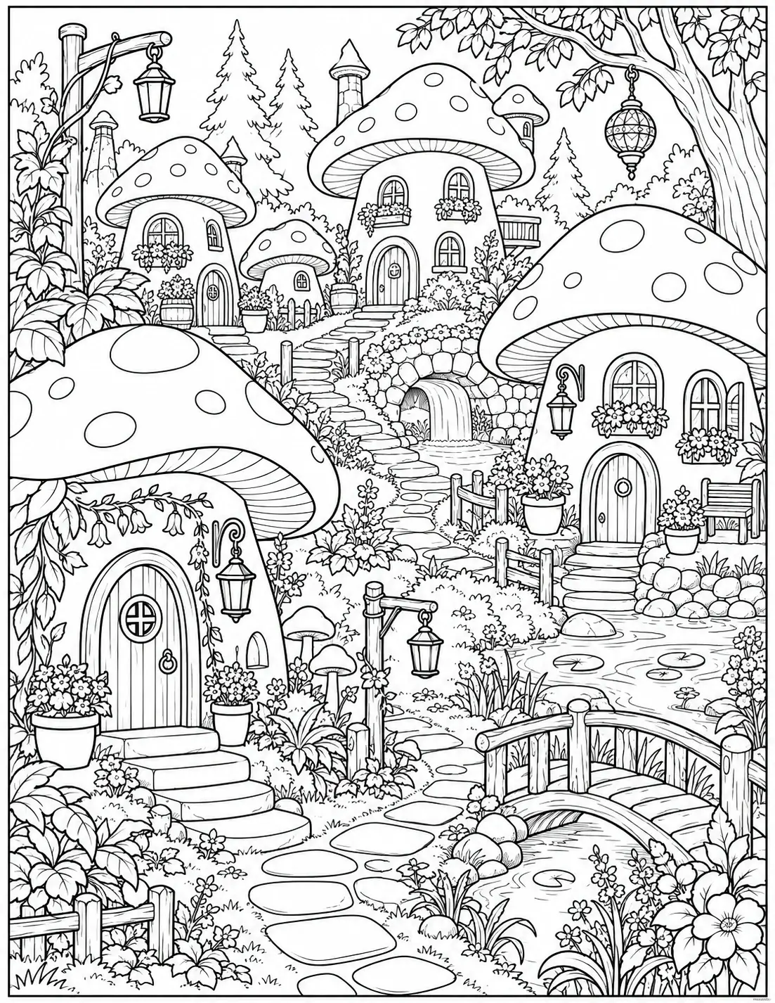 Mushroom house village coloring page with woodland cottages