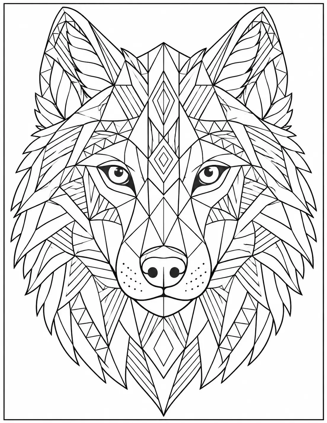 Geometric wolf face coloring page for adults