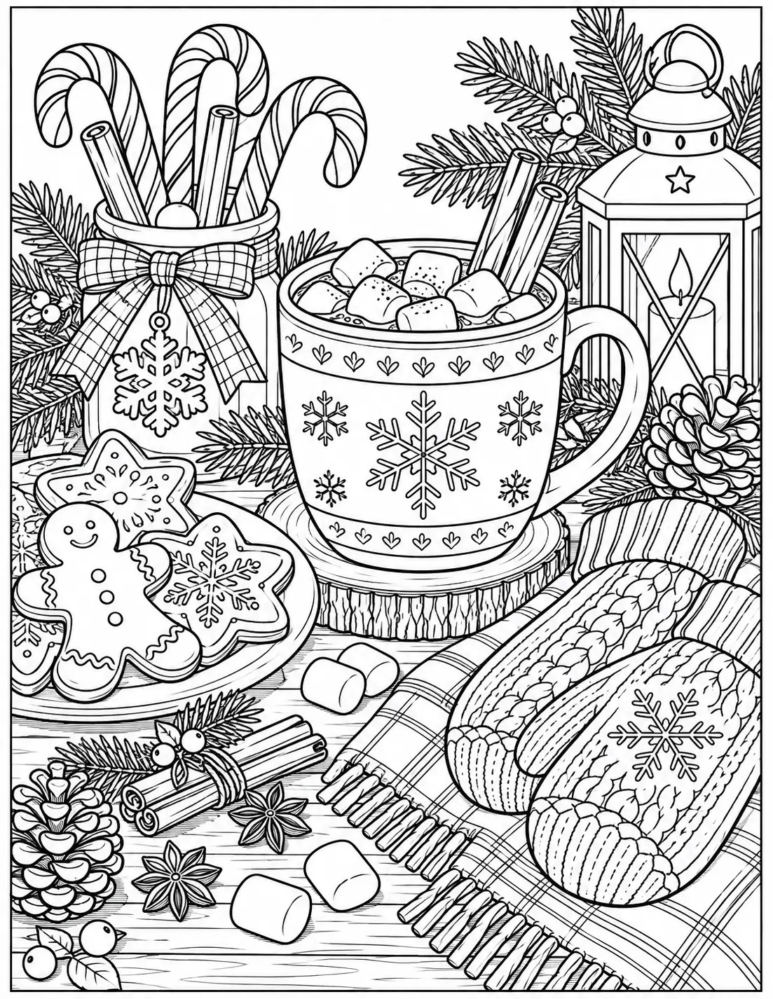 Hot cocoa, cookies, mittens, and winter treats coloring page for adults