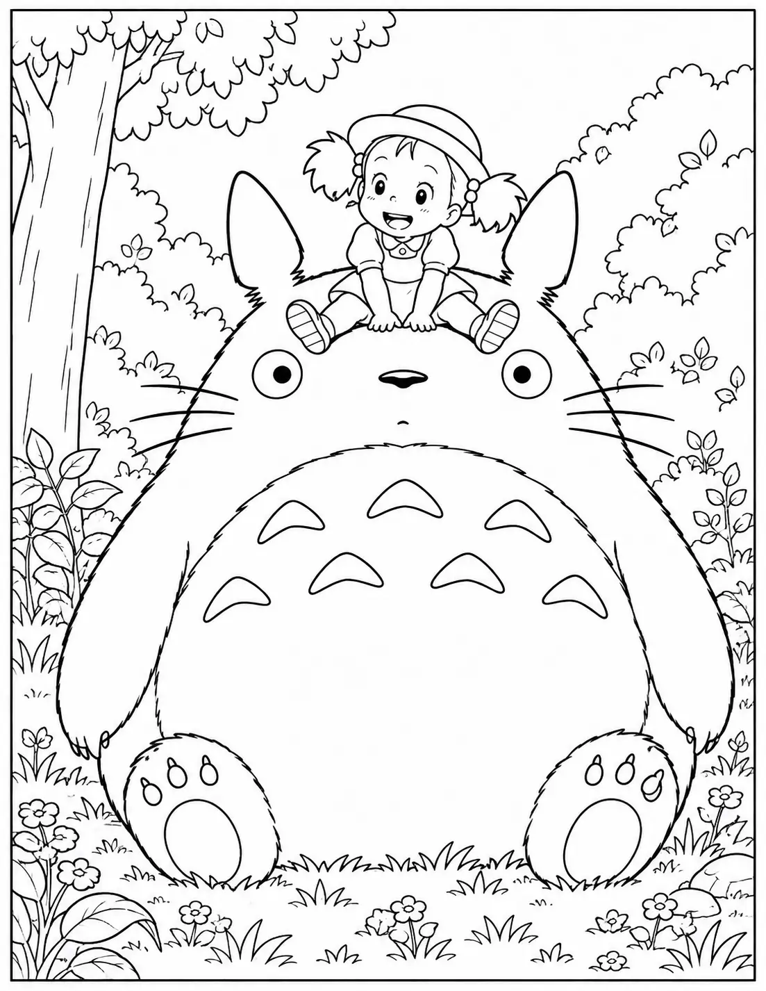 Mei sitting on Totoro in a forest clearing coloring page