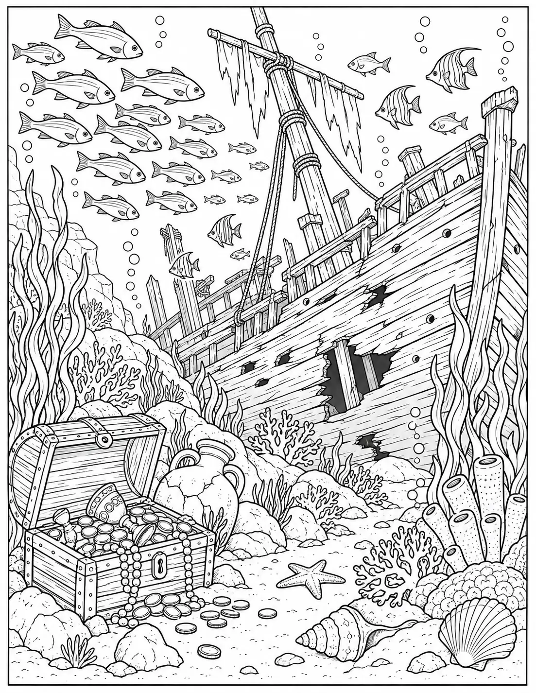 School of fish around a sunken shipwreck coloring page for adults