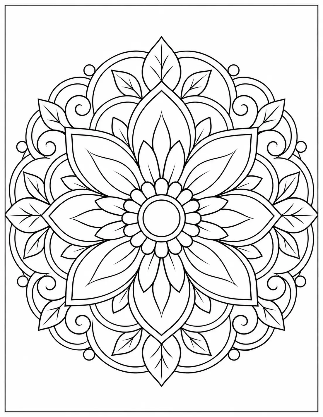 Simple floral mandala coloring page for adults with large petals, leaves, and a circular pattern