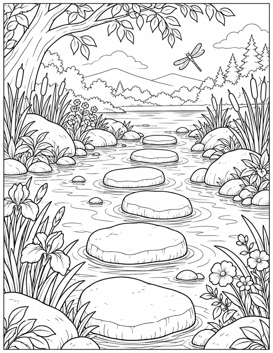 Stepping stones across a peaceful creek recovery coloring page