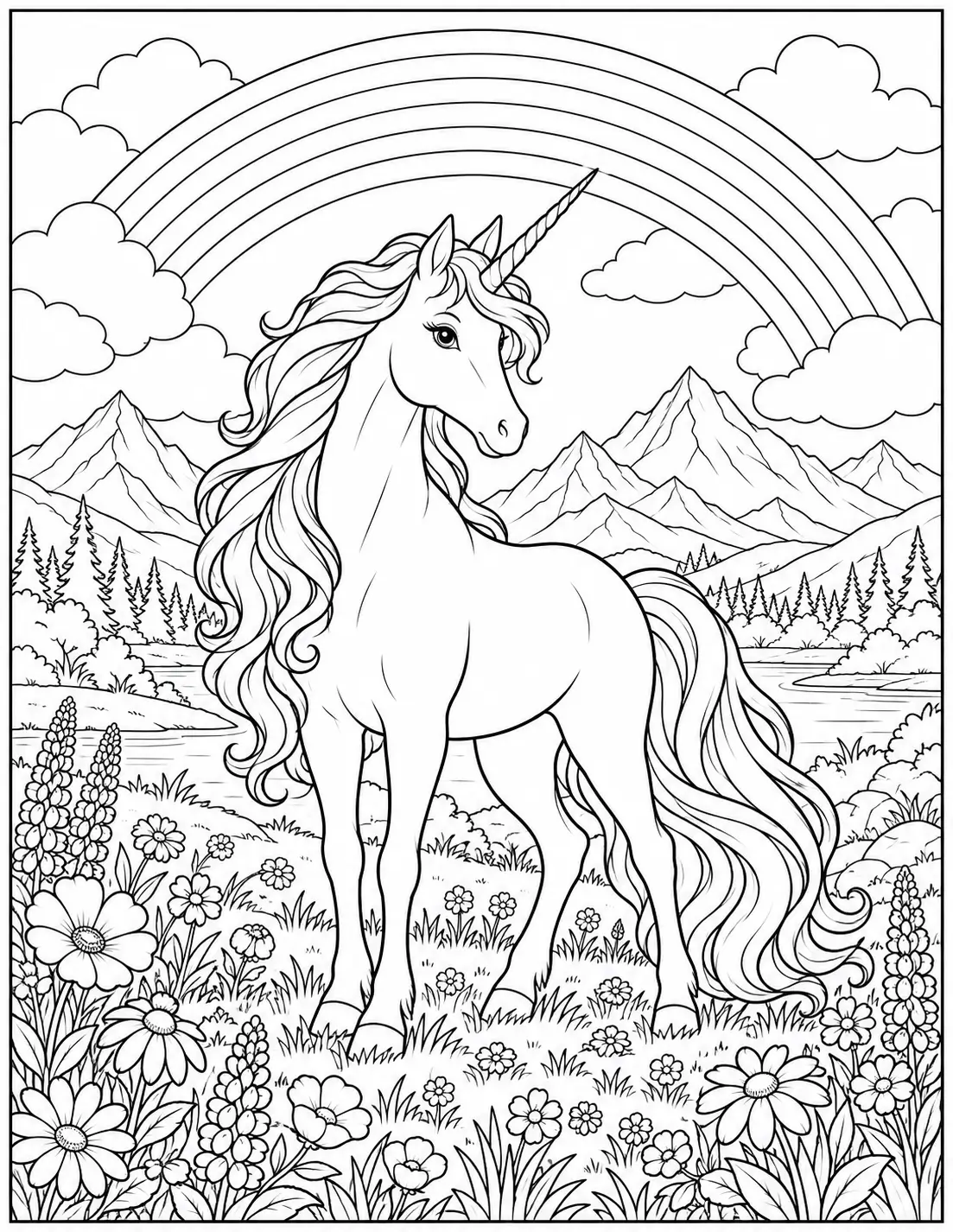 Unicorn beneath a rainbow in a mountain meadow coloring page for adults