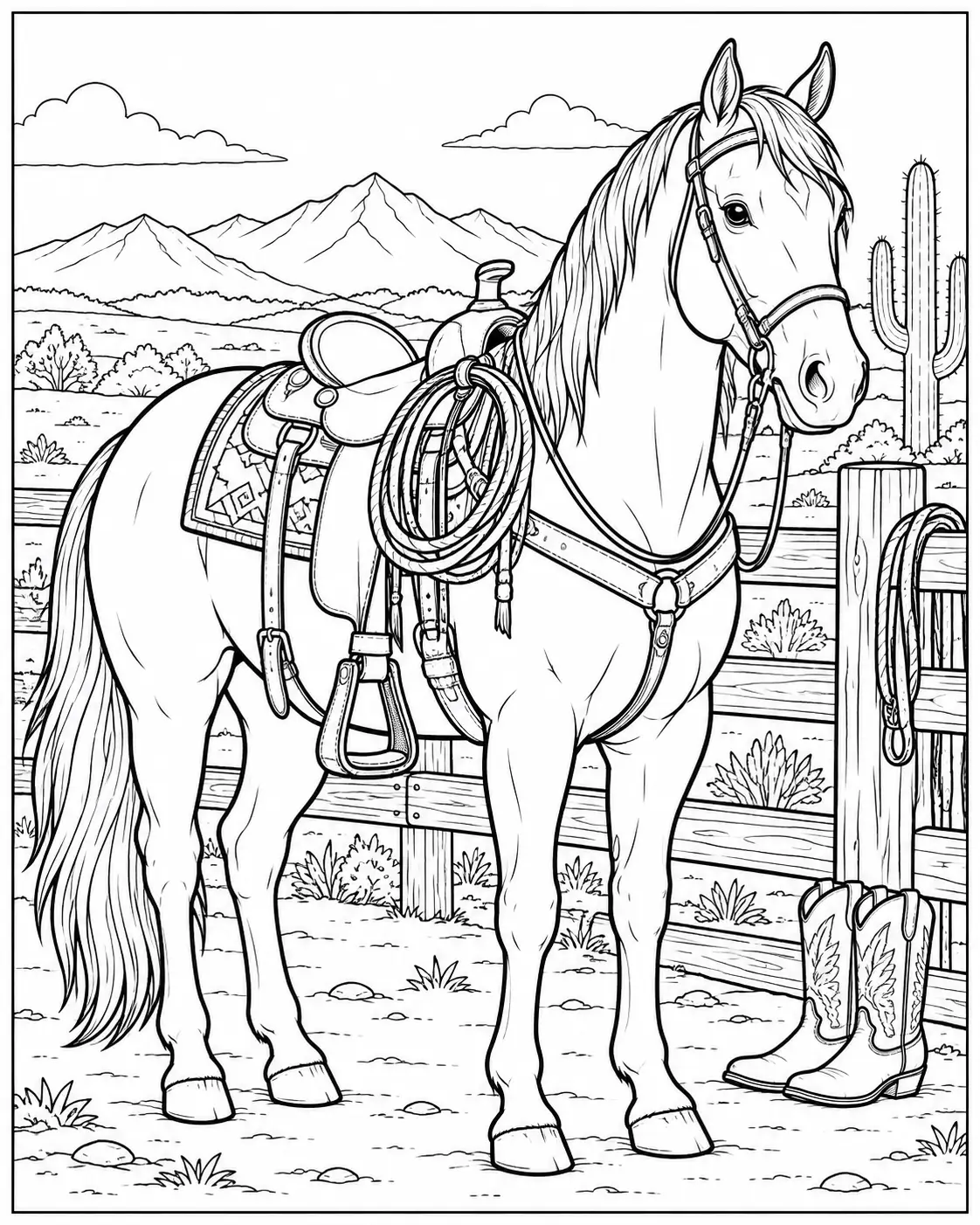 Western horse wearing a saddle at a ranch coloring page