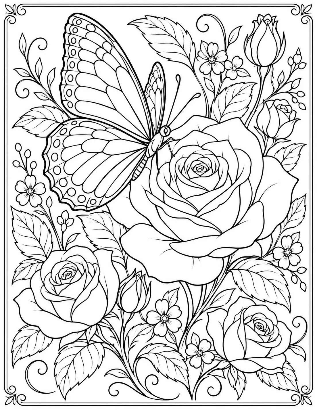 Butterfly among roses coloring page for adults