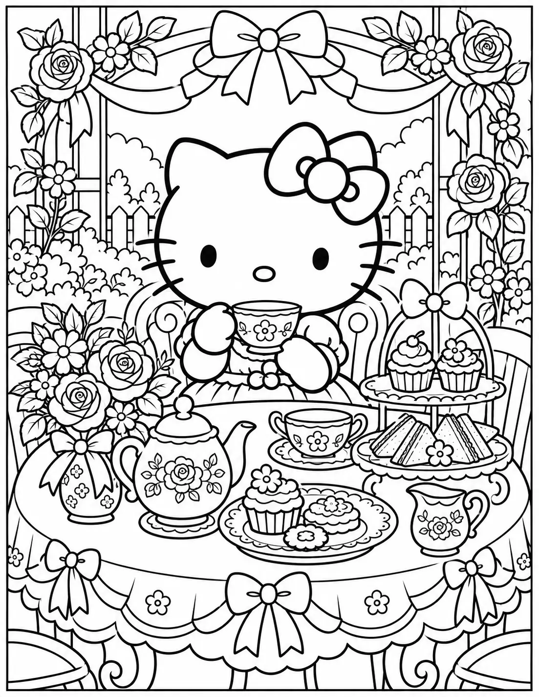 Hello Kitty tea party coloring page for adults