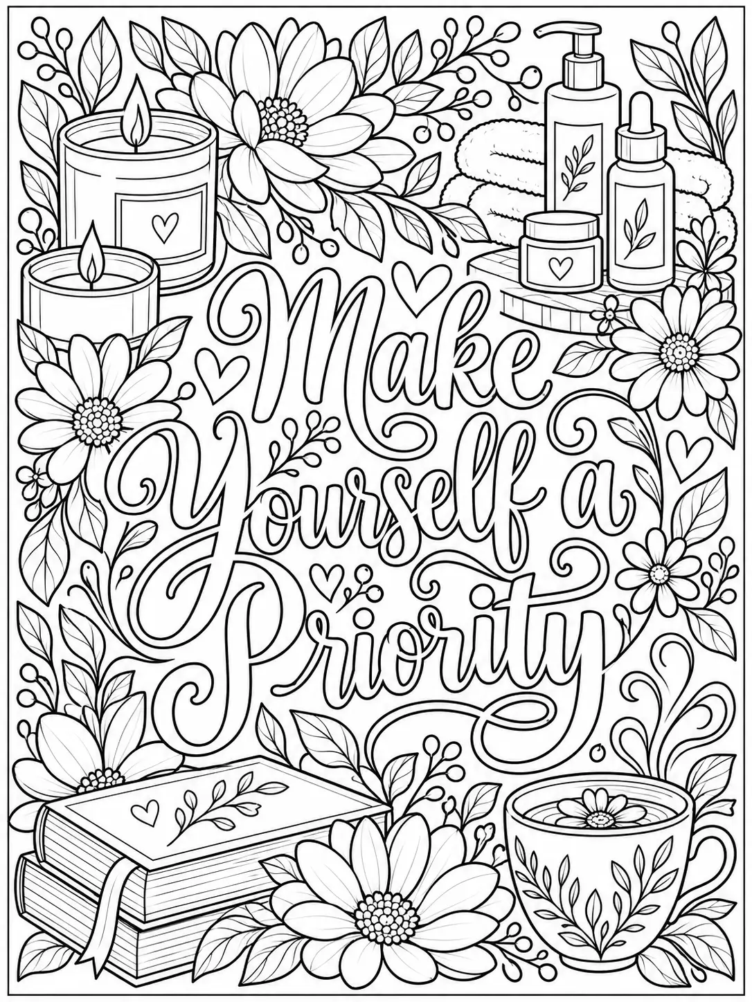 Make Yourself a Priority quote coloring page with candles, skincare, books, and tea