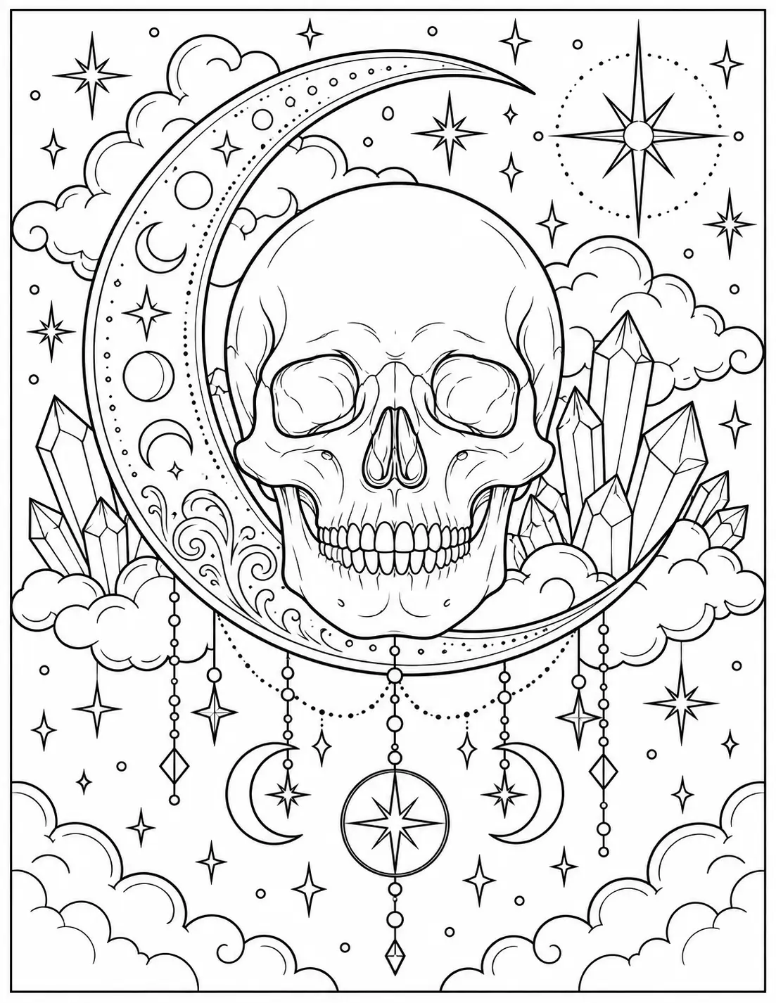 Moon and skull celestial coloring page for adults