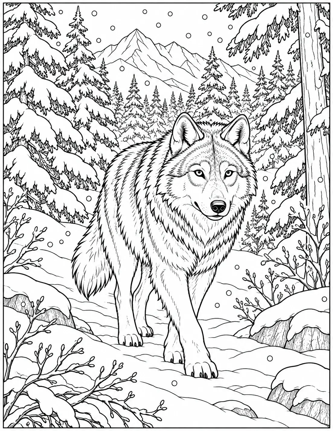 Wolf walking through a snowy pine forest with mountains coloring page